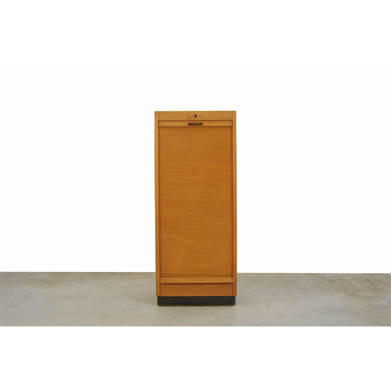 Vintage birch roller door cabinet by Ekawerk Lippe in birchwood and plastic 1950s