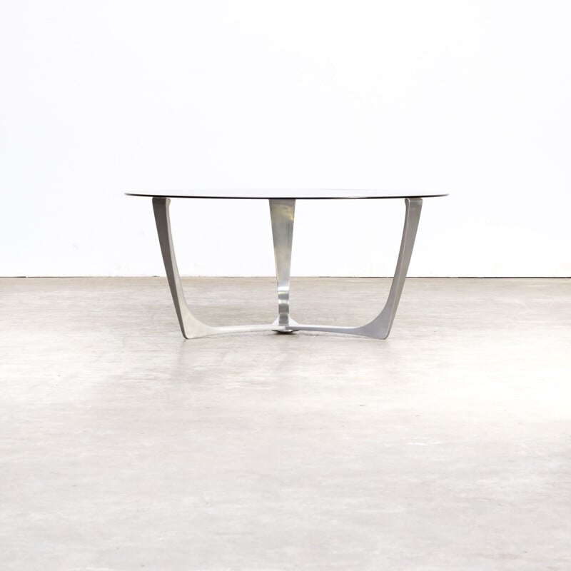 Table basse vintage en aluminium et verre fumé