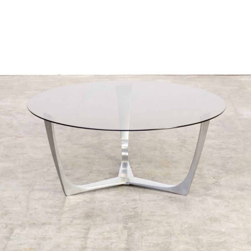 Table basse vintage en aluminium et verre fumé