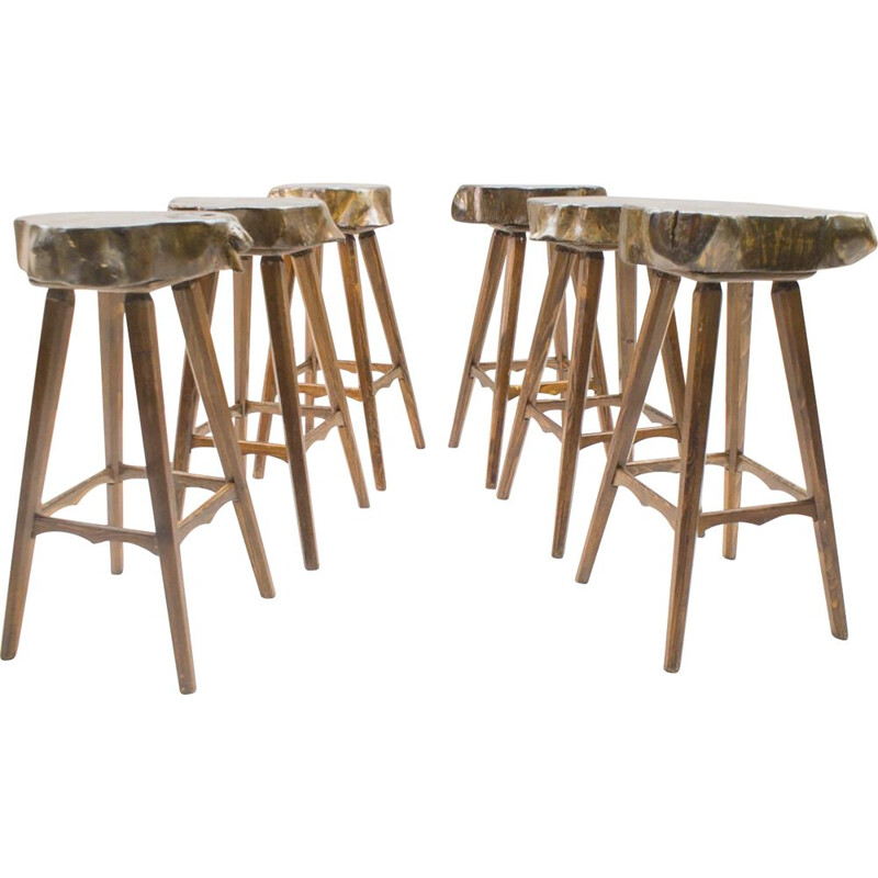 Set of 6 vintage French wooden bar stools