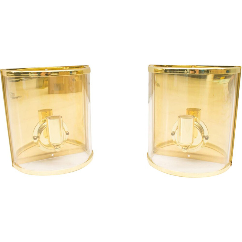 Pair of vintage hollywood regency brass and glass sconces, 1960
