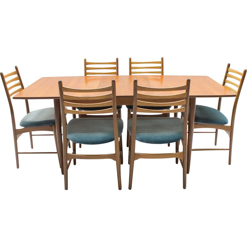 Ensemble à repas vintage extensible en teck et 7 chaises 1960