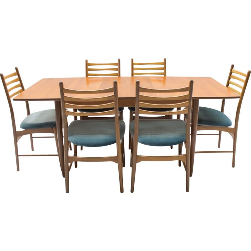 Set of vintage extendable teak table and 7 chairs 1960s