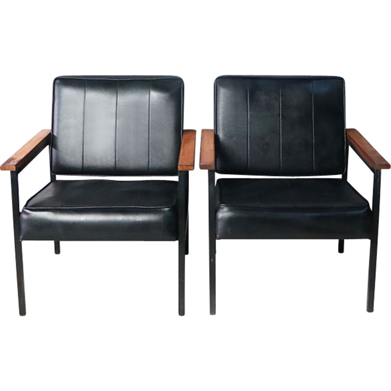 Pair of vintage german black vinyl and teak armchairs 1970