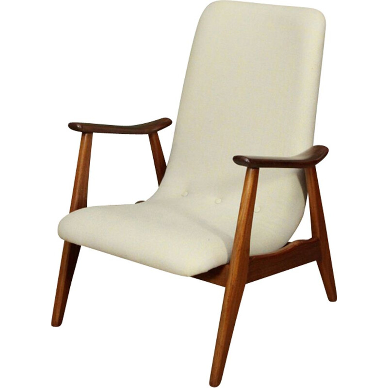 Vintage dutch white wool and teak armchair by Louis van Teeffelen