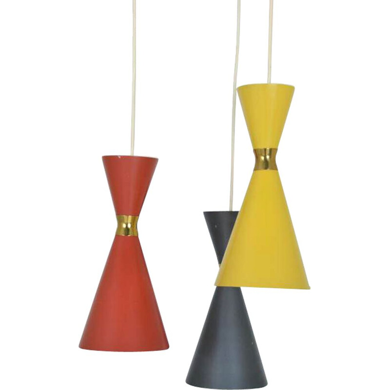 Trio of vintage Diabolo hanging lamps in red, anthracite and yellow metal