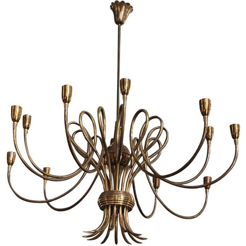 Vintage chandelier in golden brass by Oscar Torlasco