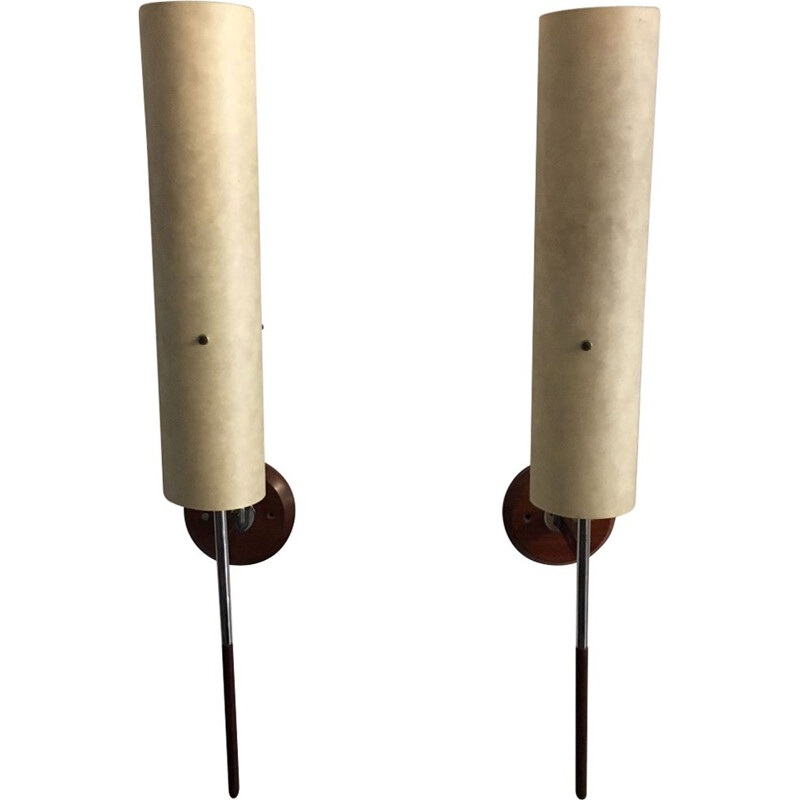 Pair of beige wall lamps in teak