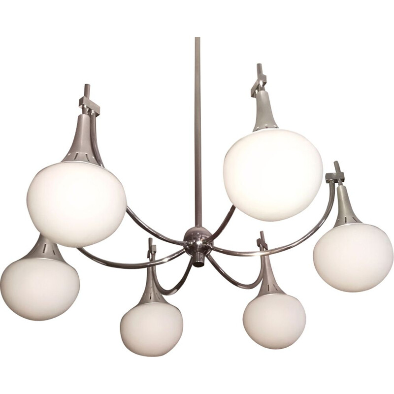 Vintage chandelier in silvered metal by Gaetano Sciolari