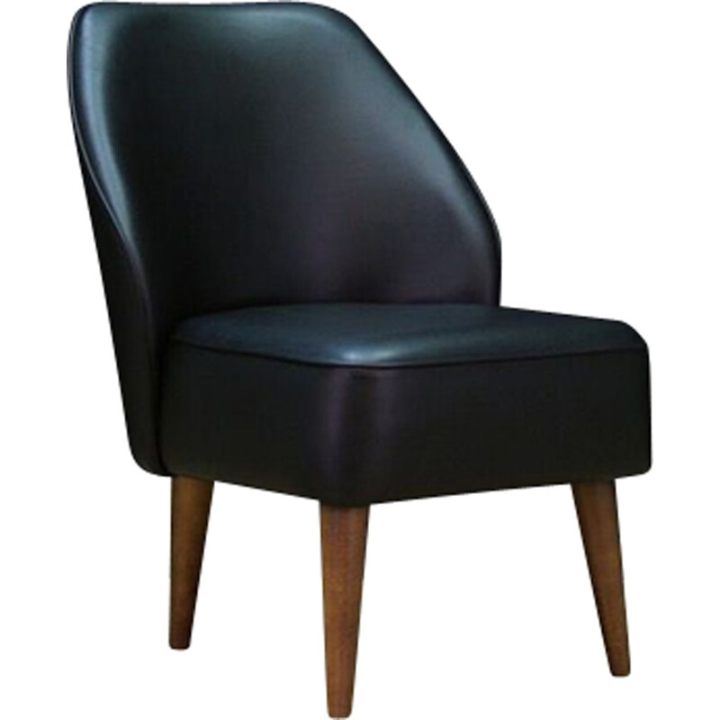 Fauteuil vintage en bois et cuir noir