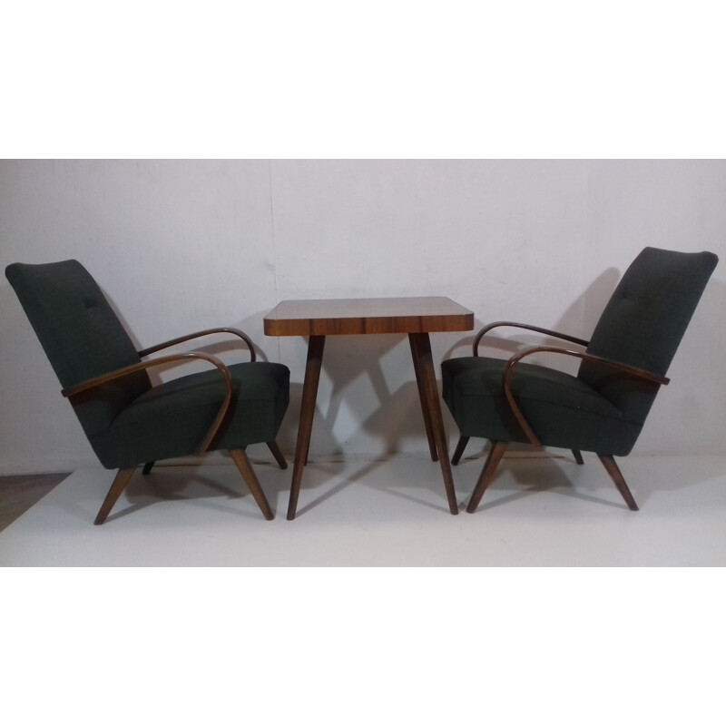 Conjunto de 2 sillones y mesa vintage de Jindřich Halabala en tela verde y roble