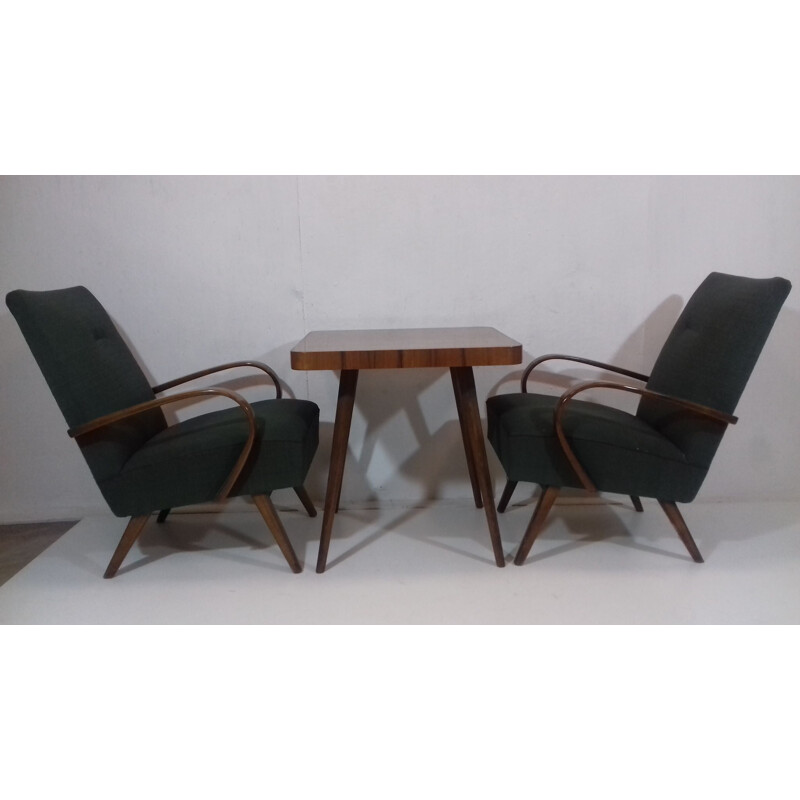 Set of 2 vintage armchairs and table by Jindřich Halabala in green fabric and oakwood