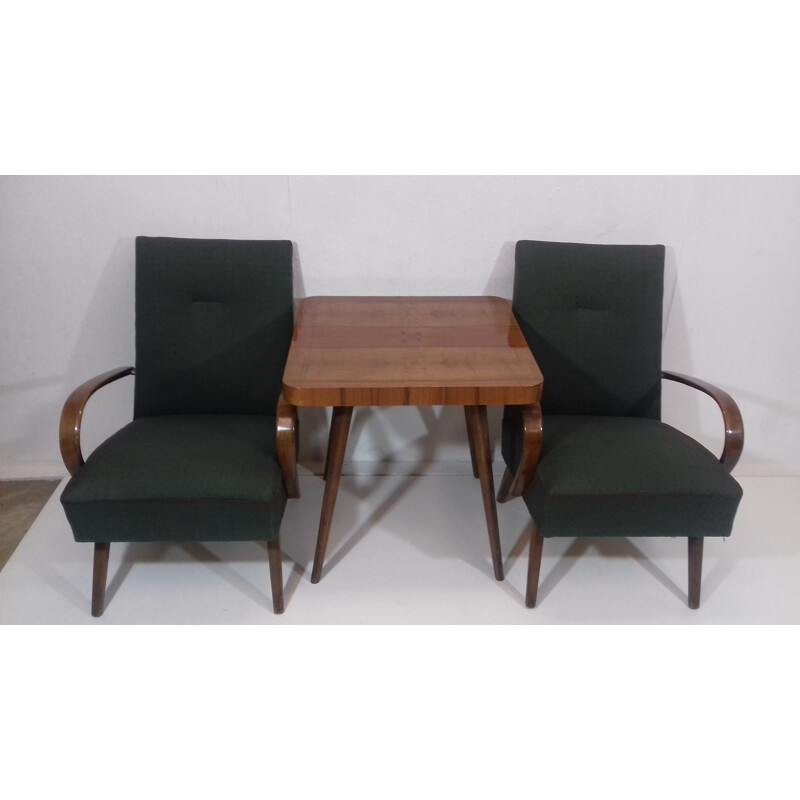 Set of 2 vintage armchairs and table by Jindřich Halabala in green fabric and oakwood