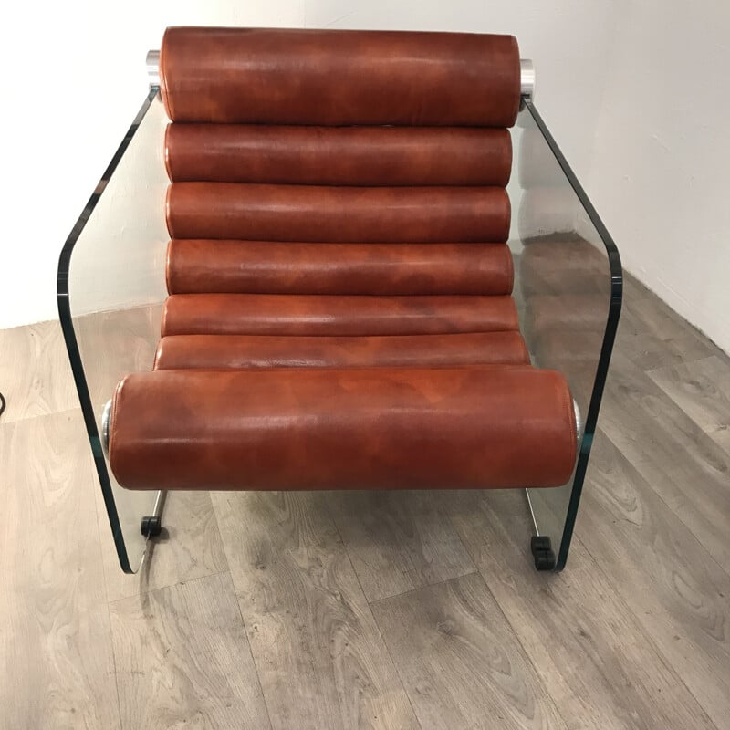 Armchair "hyaline" by Fabio Lenci, tawny leather and glass - Circa 1968