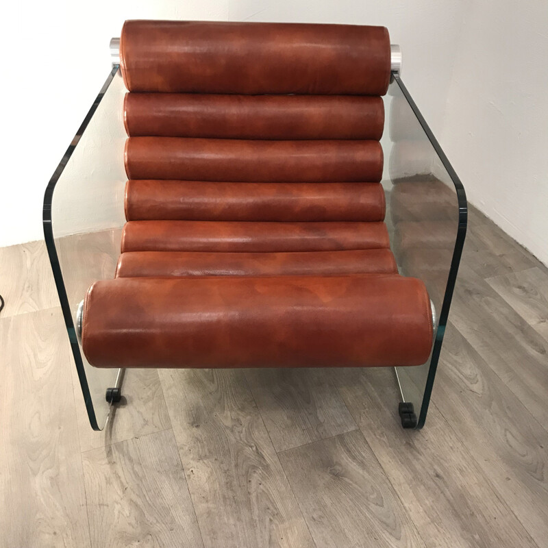 Armchair "hyaline" by Fabio Lenci, tawny leather and glass - Circa 1968