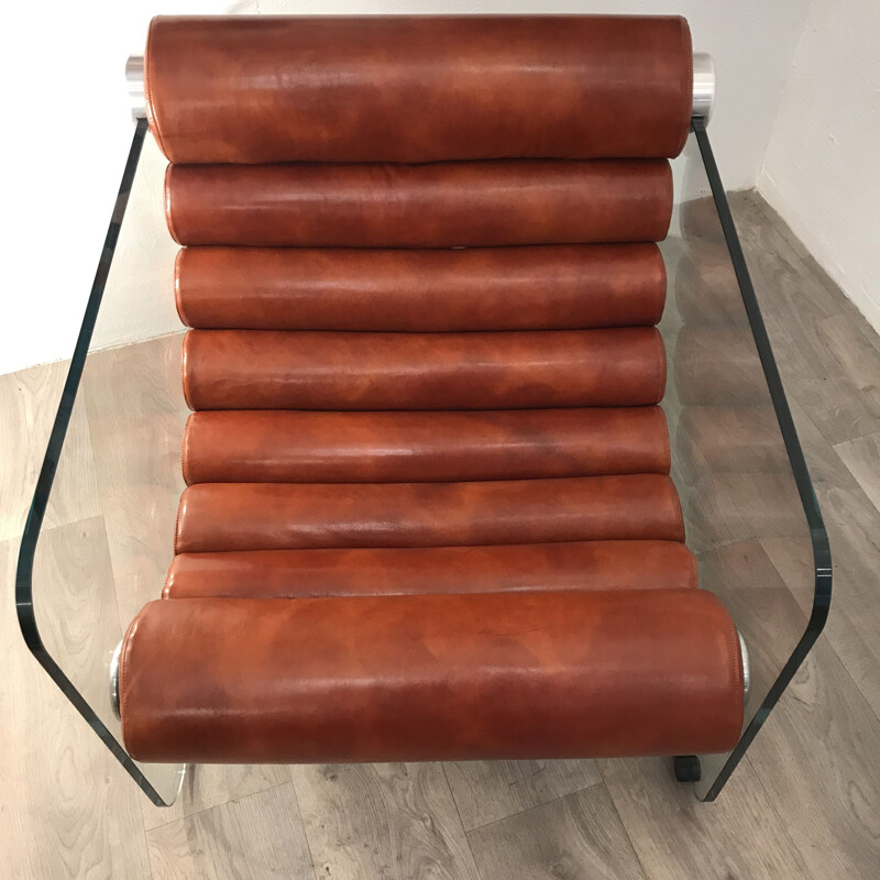 Armchair "hyaline" by Fabio Lenci, tawny leather and glass - Circa 1968