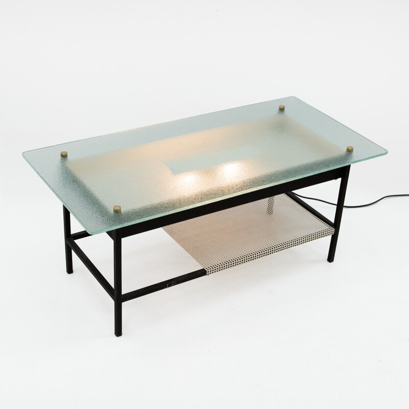 Vintage glass and black metal coffee table by Robert Mathieu, 1950