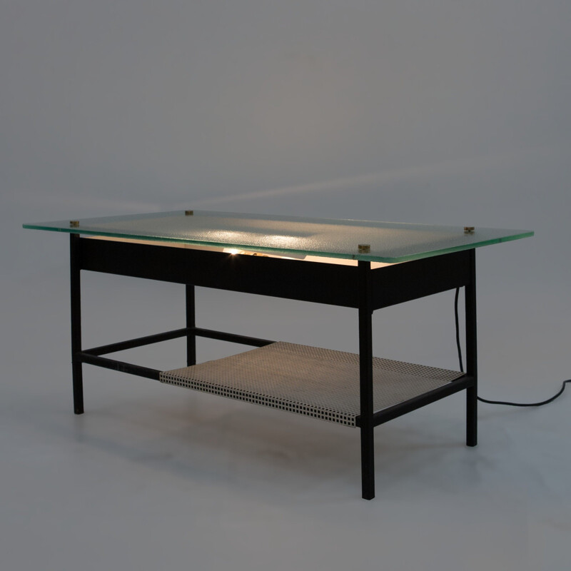 Vintage glass and black metal coffee table by Robert Mathieu, 1950