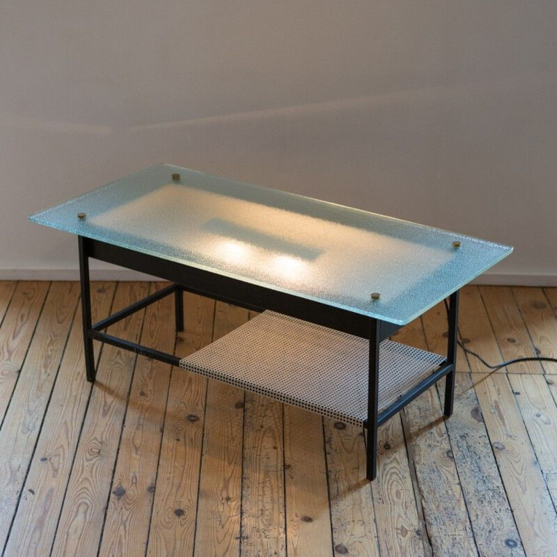 Mesa de centro vintage de cristal y metal negro de Robert Mathieu, 1950