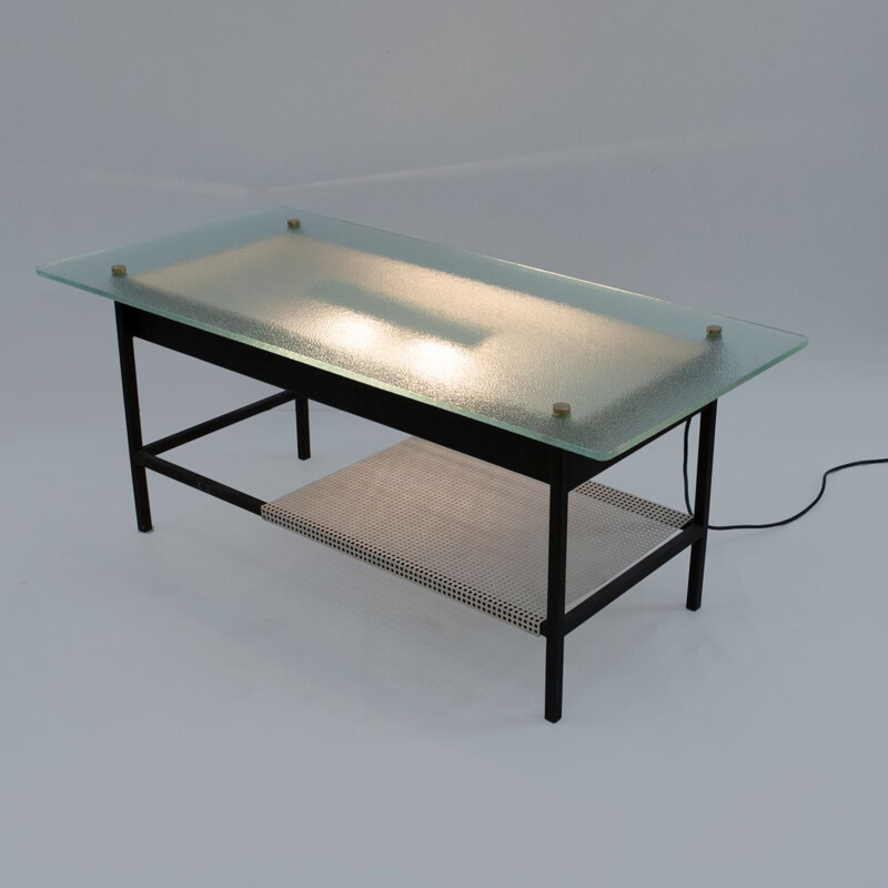 Mesa de centro vintage de cristal y metal negro de Robert Mathieu, 1950