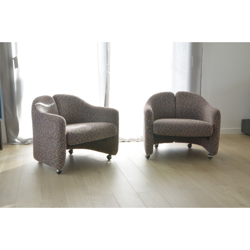 Set of 2 vintage PS142 armchairs for Tecno in gray wool and metal