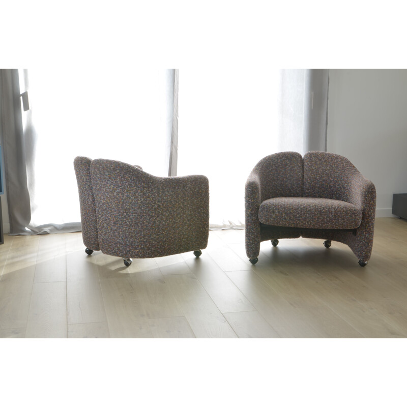 Set of 2 vintage PS142 armchairs for Tecno in gray wool and metal