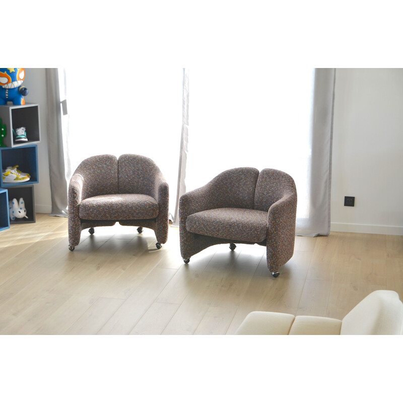 Ensemble de 2 fauteuils vintage PS142 pour Tecno en laine grise et métal 