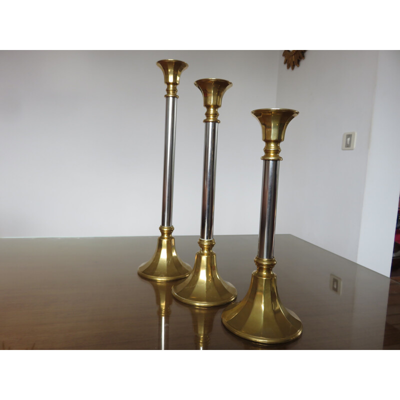 Set of 3 vintage french candlesticks in brass 1970