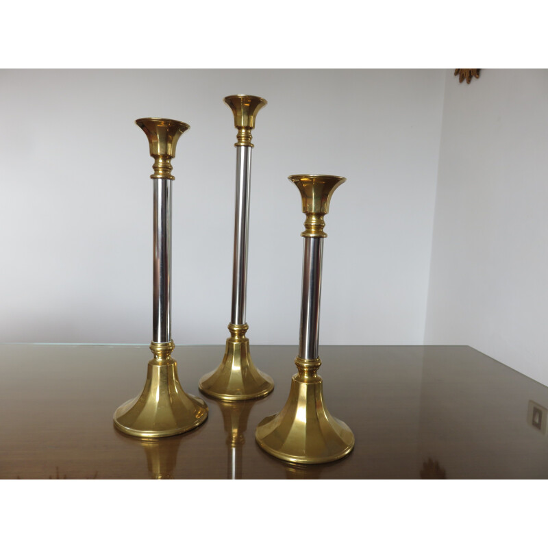 Set of 3 vintage french candlesticks in brass 1970