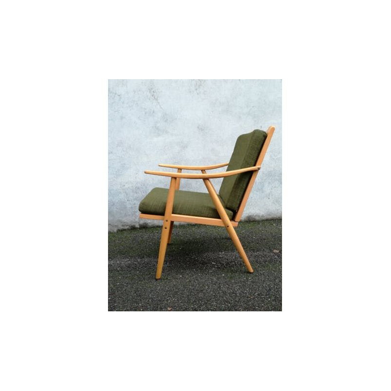 Fauteuil vintage Boomerang par Thonet en tissu vert et bois 1960s