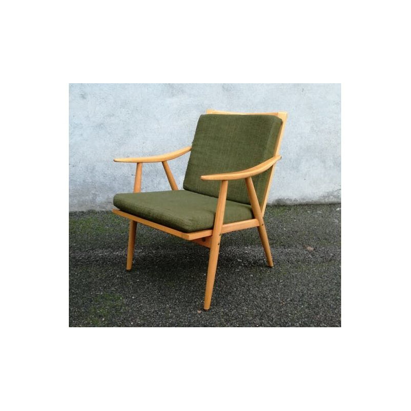 Vintage Boomerang armchair by Thonet in green fabric and wood 1960