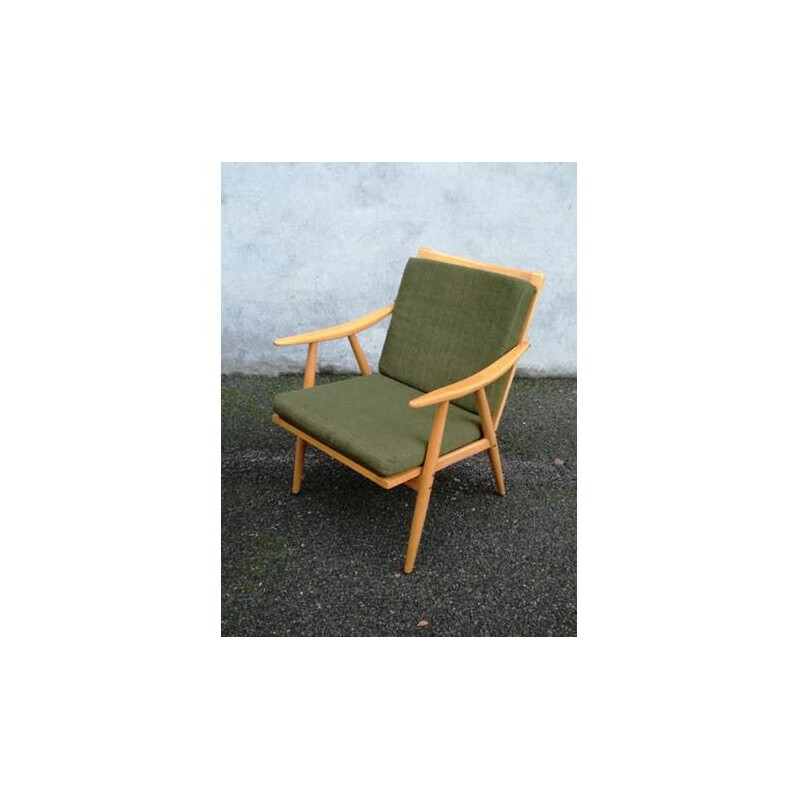 Vintage Boomerang armchair by Thonet in green fabric and wood 1960