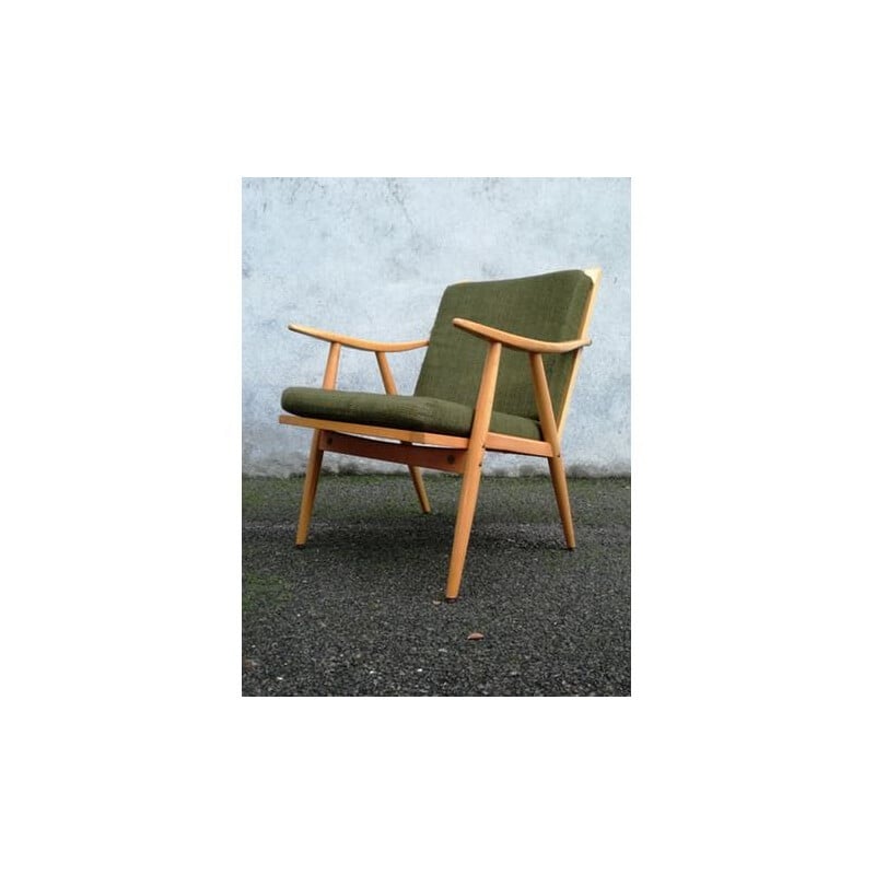 Vintage Boomerang armchair by Thonet in green fabric and wood 1960