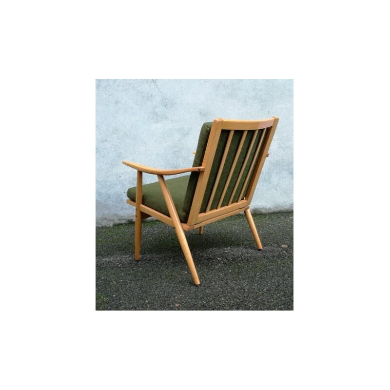 Vintage Boomerang armchair by Thonet in green fabric and wood 1960