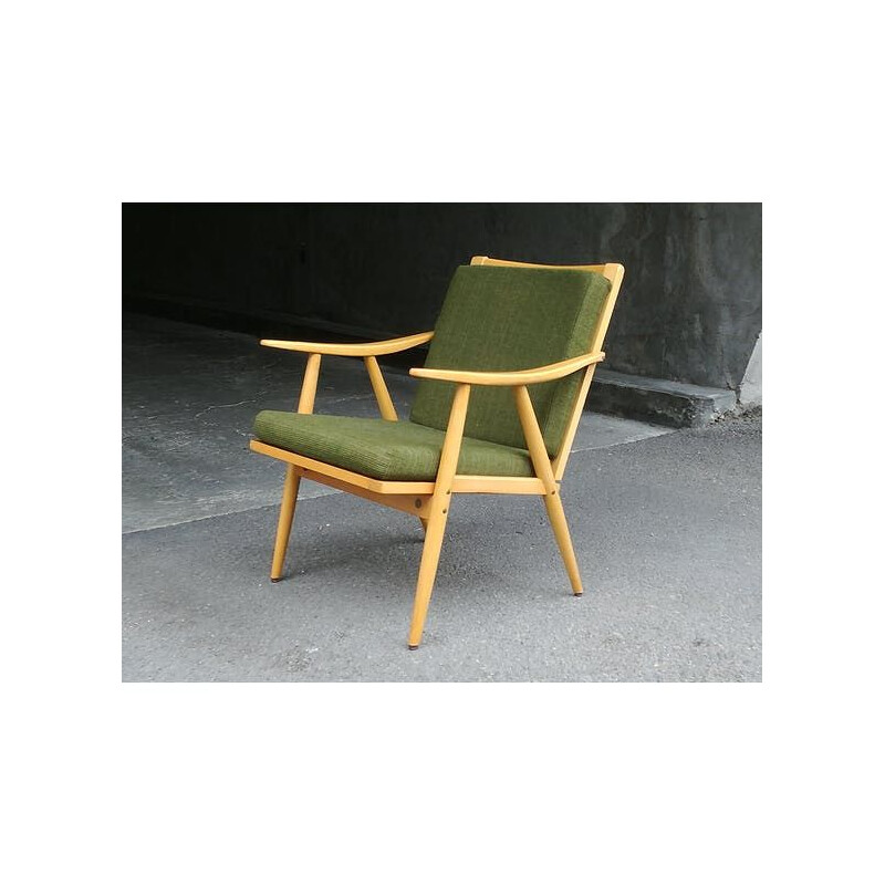 Vintage Boomerang armchair by Thonet in green fabric and wood 1960