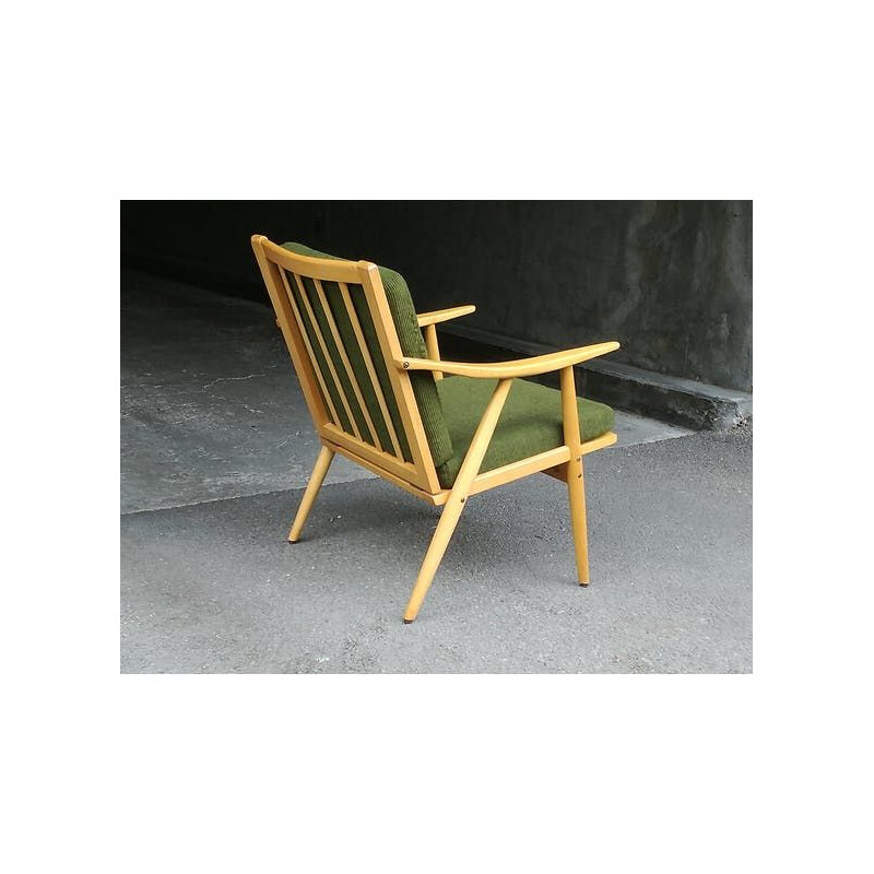 Fauteuil vintage Boomerang par Thonet en tissu vert et bois 1960s