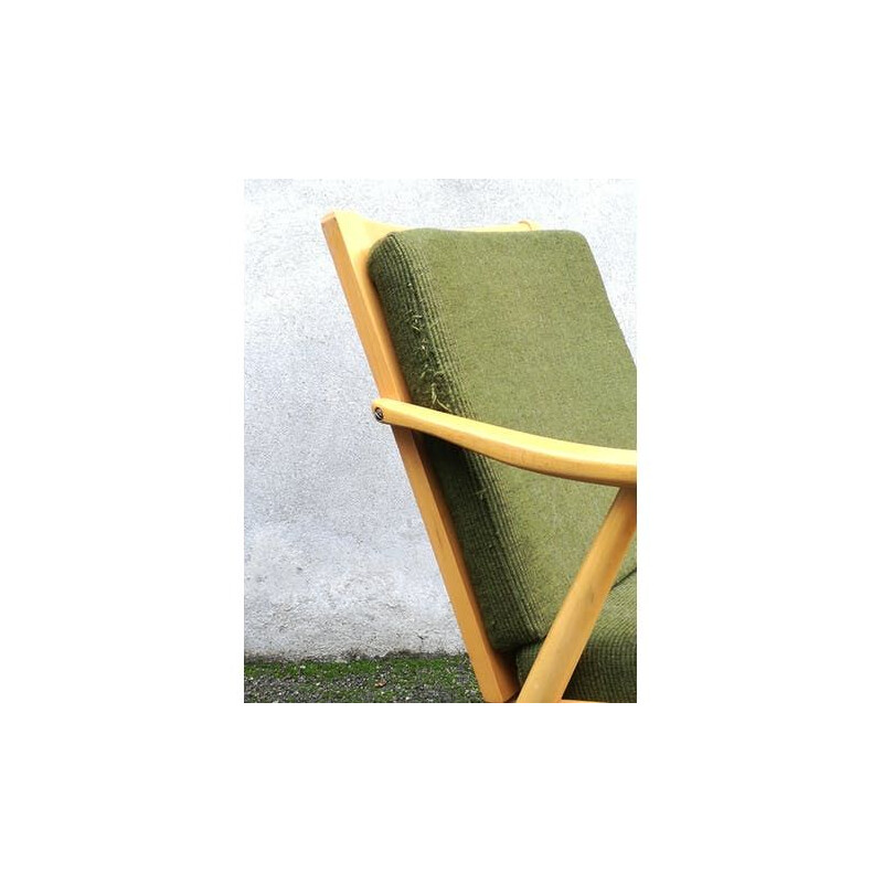 Fauteuil vintage Boomerang par Thonet en tissu vert et bois 1960s