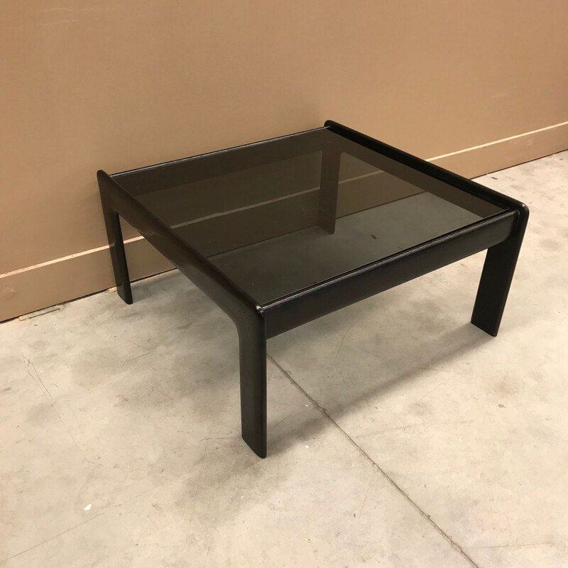 Vintage black oak table with smoked glass top 1970