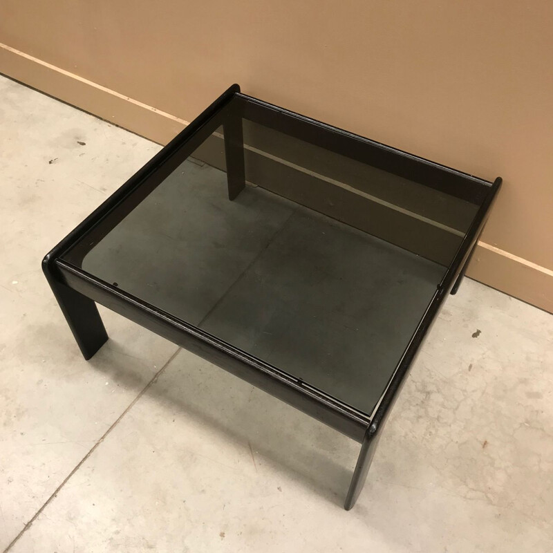 Vintage black oak table with smoked glass top 1970