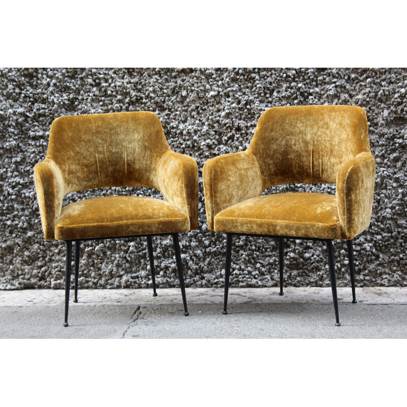 Pair of vintage italian armchairs in yellow velvet fabric and metal 1950