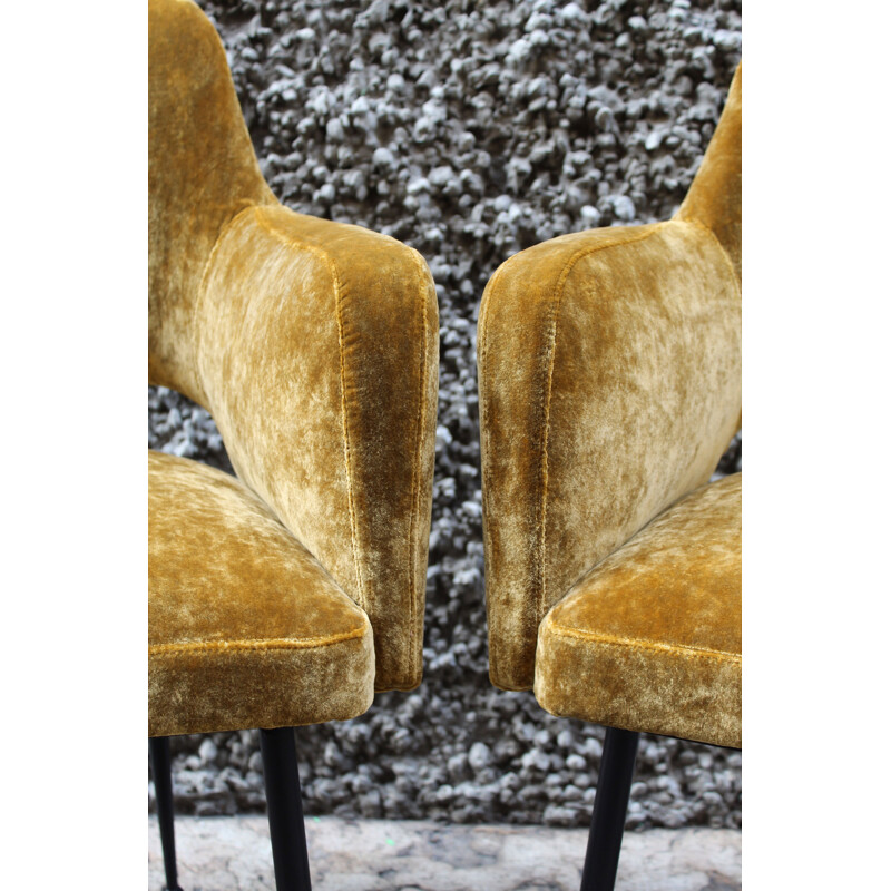 Pair of vintage italian armchairs in yellow velvet fabric and metal 1950