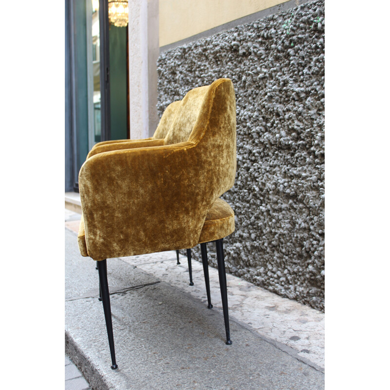 Pair of vintage italian armchairs in yellow velvet fabric and metal 1950