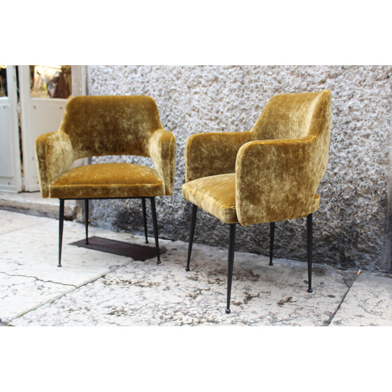 Pair of vintage italian armchairs in yellow velvet fabric and metal 1950