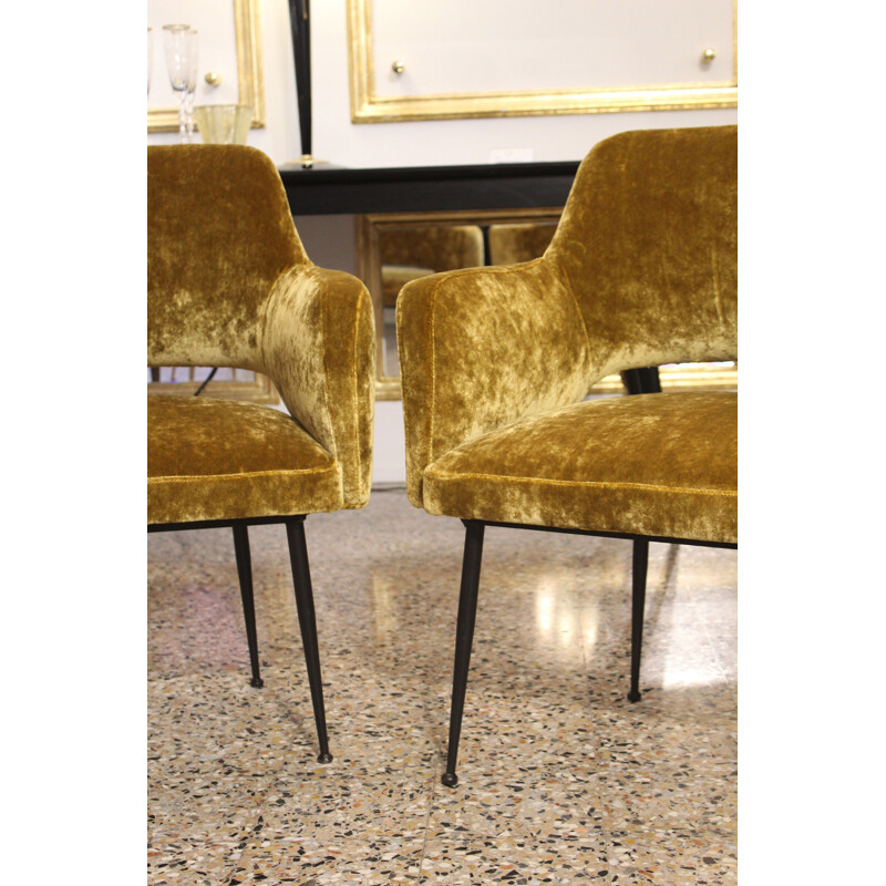 Pair of vintage italian armchairs in yellow velvet fabric and metal 1950