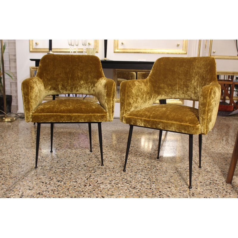 Pair of vintage italian armchairs in yellow velvet fabric and metal 1950