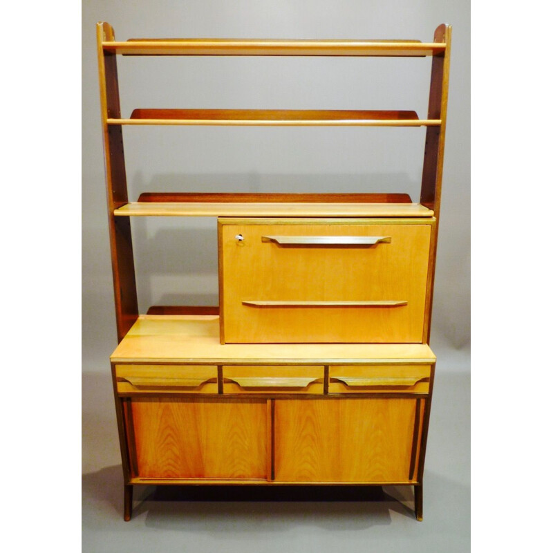 Vintage desk in brass and walnut and its shelf 1950