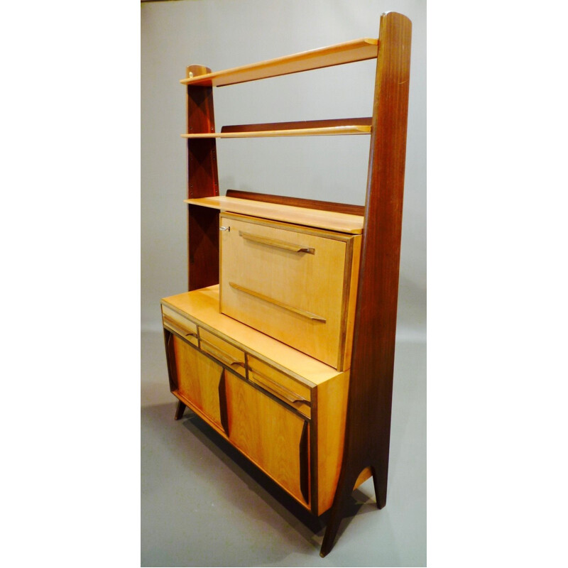 Vintage desk in brass and walnut and its shelf 1950