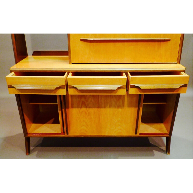 Vintage desk in brass and walnut and its shelf 1950