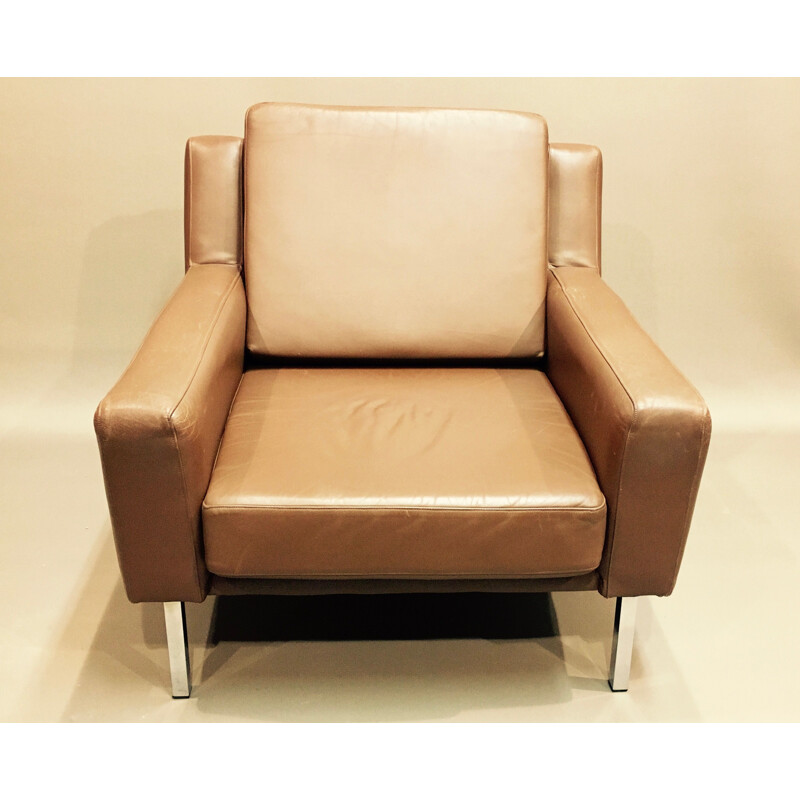 Vintage scandinavian armchair in brown leather and metal 1950