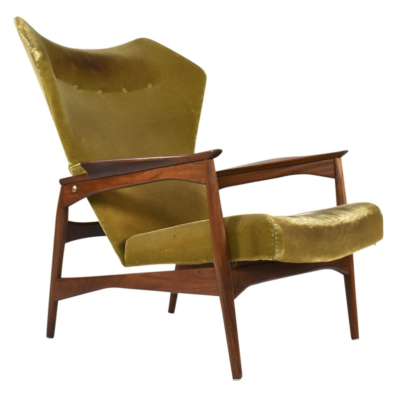 Vintage wingback armchair for Carlo Garhn in teak and green velvet 1960